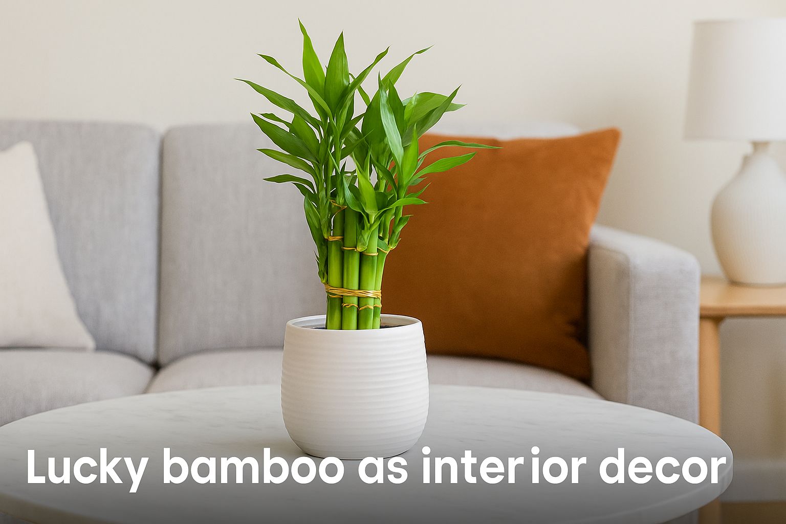 Lucky bamboo plant used as interior decor on a marble table in a cozy living room